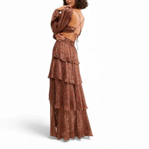 Astr Anora Tiered Maxi Dress Copper Black Ditzy Floral Long Sleeves Size XS  - www.venkateshwaramarketers.com